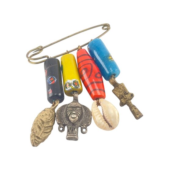 Vintage Boho Tribal Charm Safety Pin Brooch With Beads & Elephant Shell & Leaf C - Picture 2 of 5